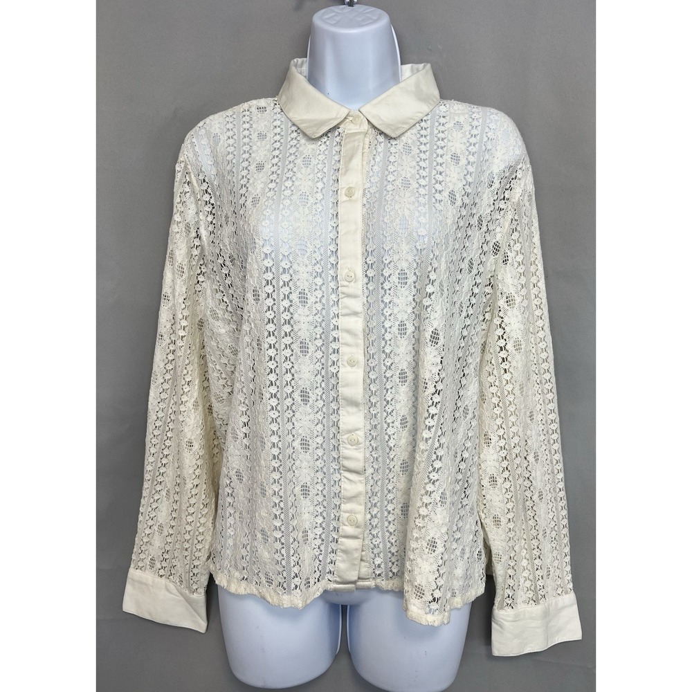 Old Navy‎ Cream Lace Button Up Shirt Woman's Sz XL Button Cuffs Sheer NWT